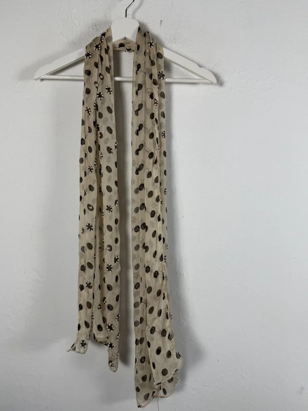Handmade Beaded Polka Dot Silk Scarf In Beige & Black Good Condition Missing Som